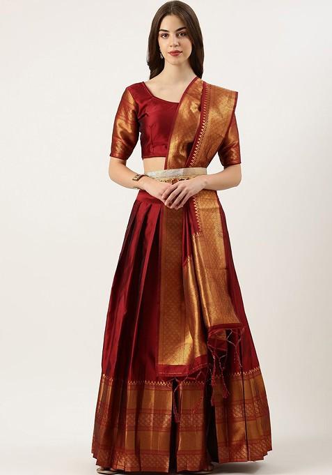 Maroon Emboridered Blended Lehenga Choli — view on Indya