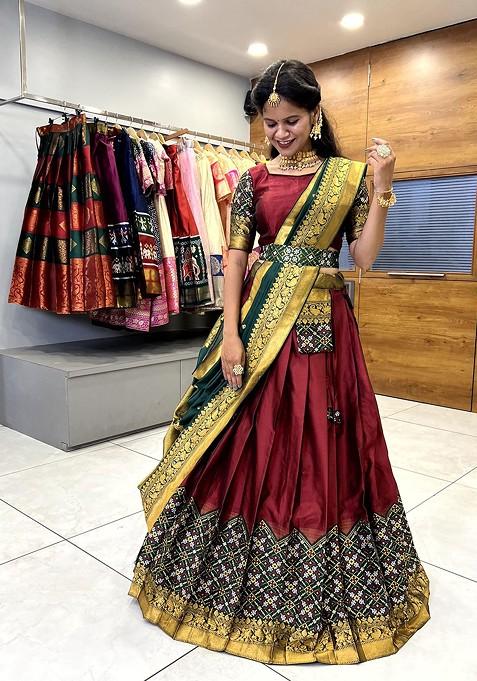 Maroon Woven Design Blended Lehenga Choli — view on Indya