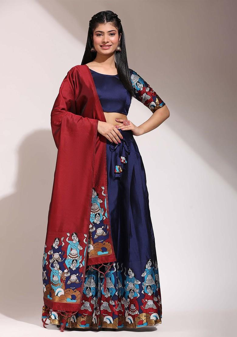 Navy Blue Woven Design Blended Lehenga Choli - Indya