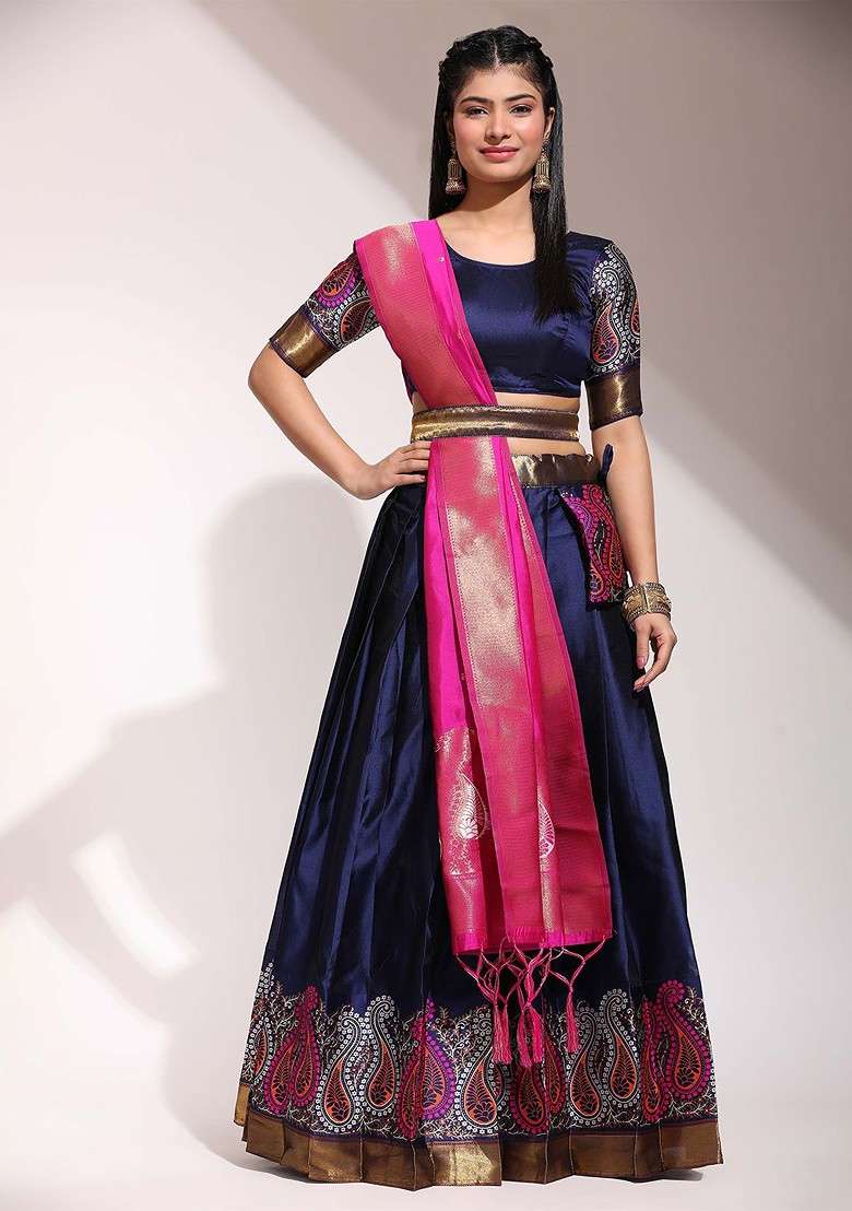 Navy Blue Emboridered Blended Lehenga Choli - Indya
