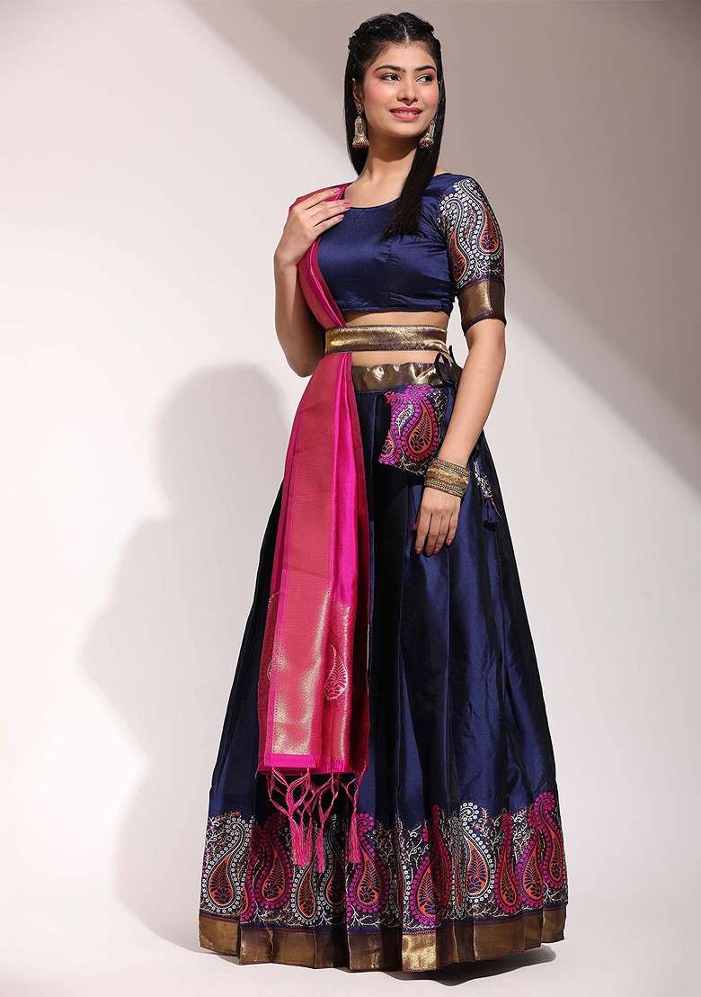 Navy Blue Emboridered Blended Lehenga Choli - Indya
