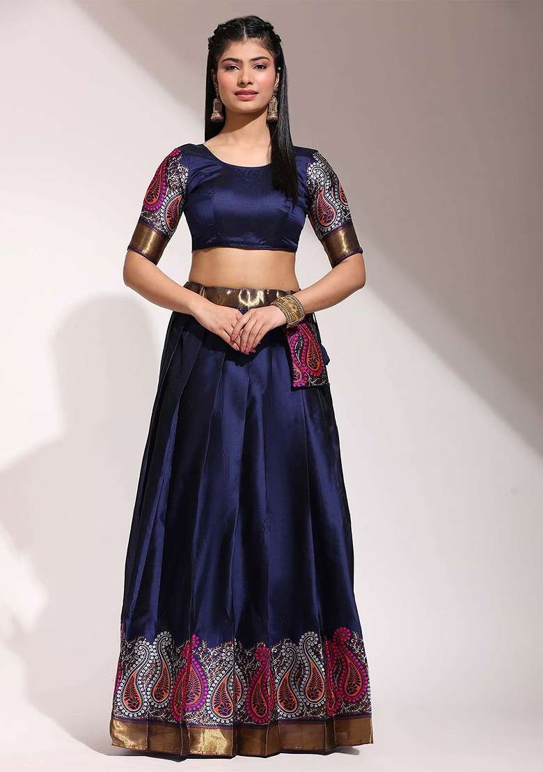 Navy Blue Emboridered Blended Lehenga Choli - Indya