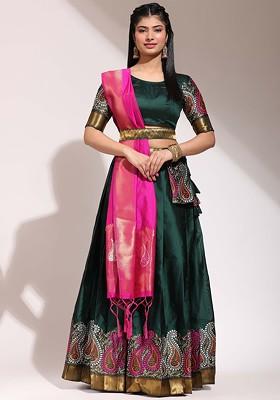 Green Woven Design Blended Lehenga Choli