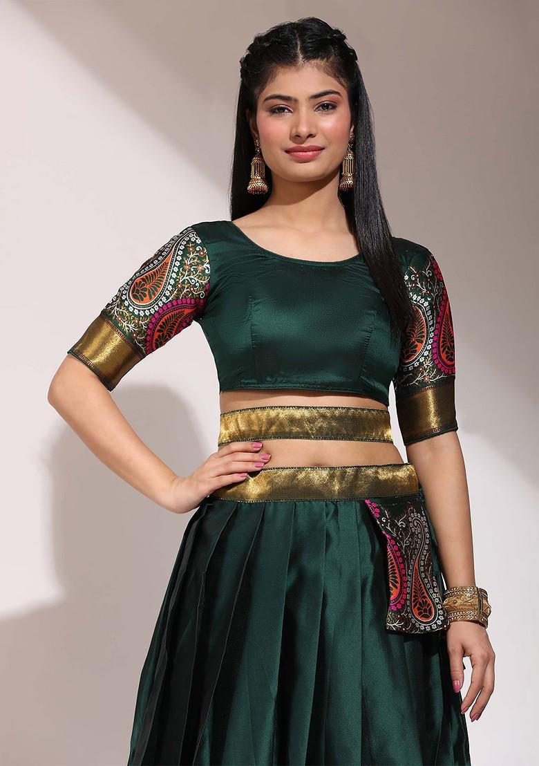Green Woven Design Blended Lehenga Choli - Indya