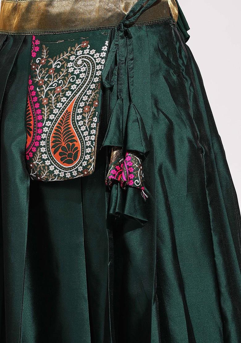 Green Woven Design Blended Lehenga Choli - Indya