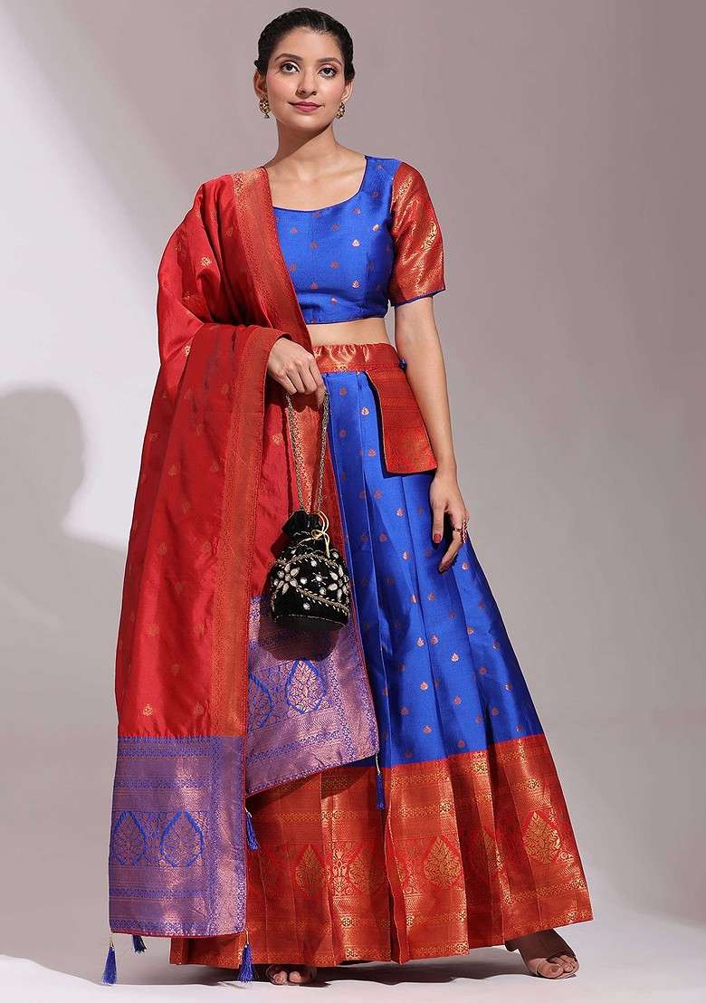 Blue Woven Design Blended Lehenga Choli - Indya
