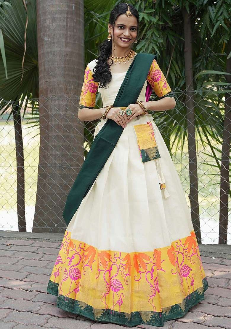 White Woven Design Blended Lehenga Choli - Indya