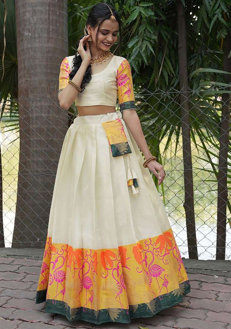 White Woven Design Blended Lehenga Choli - Indya