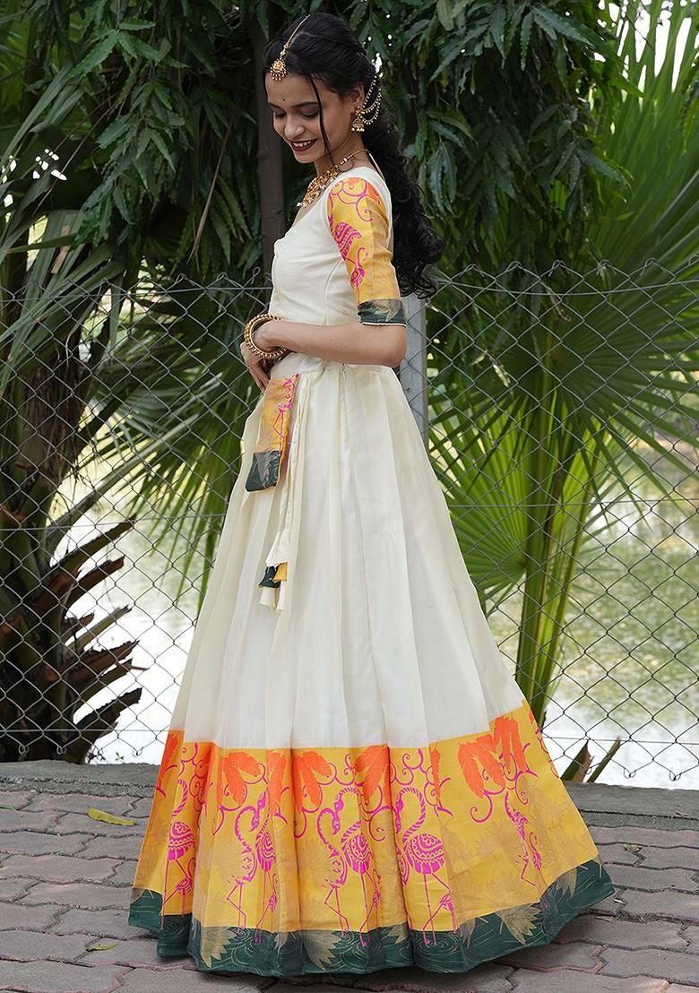 White Woven Design Blended Lehenga Choli - Indya