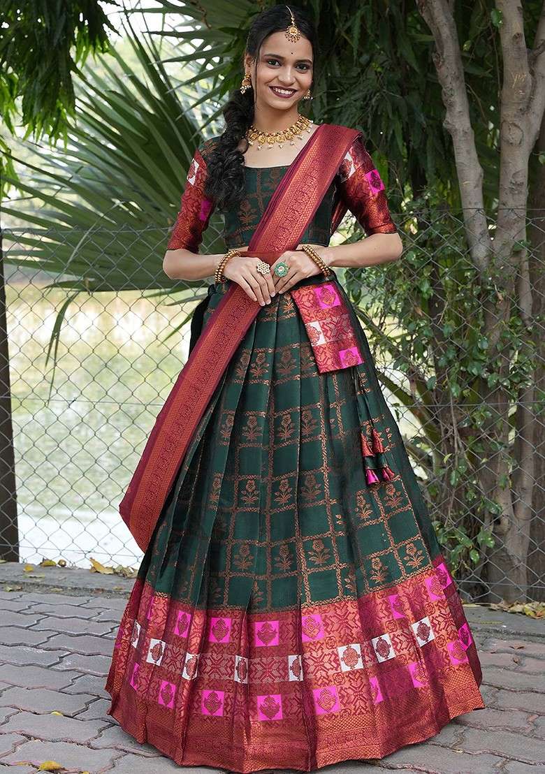 Green Woven Design Blended Lehenga Choli - Indya