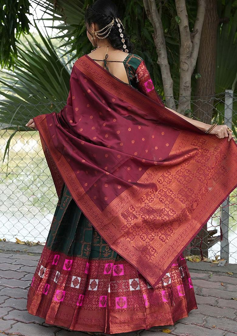 Green Woven Design Blended Lehenga Choli - Indya