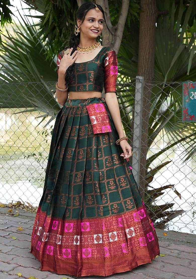 Green Woven Design Blended Lehenga Choli - Indya