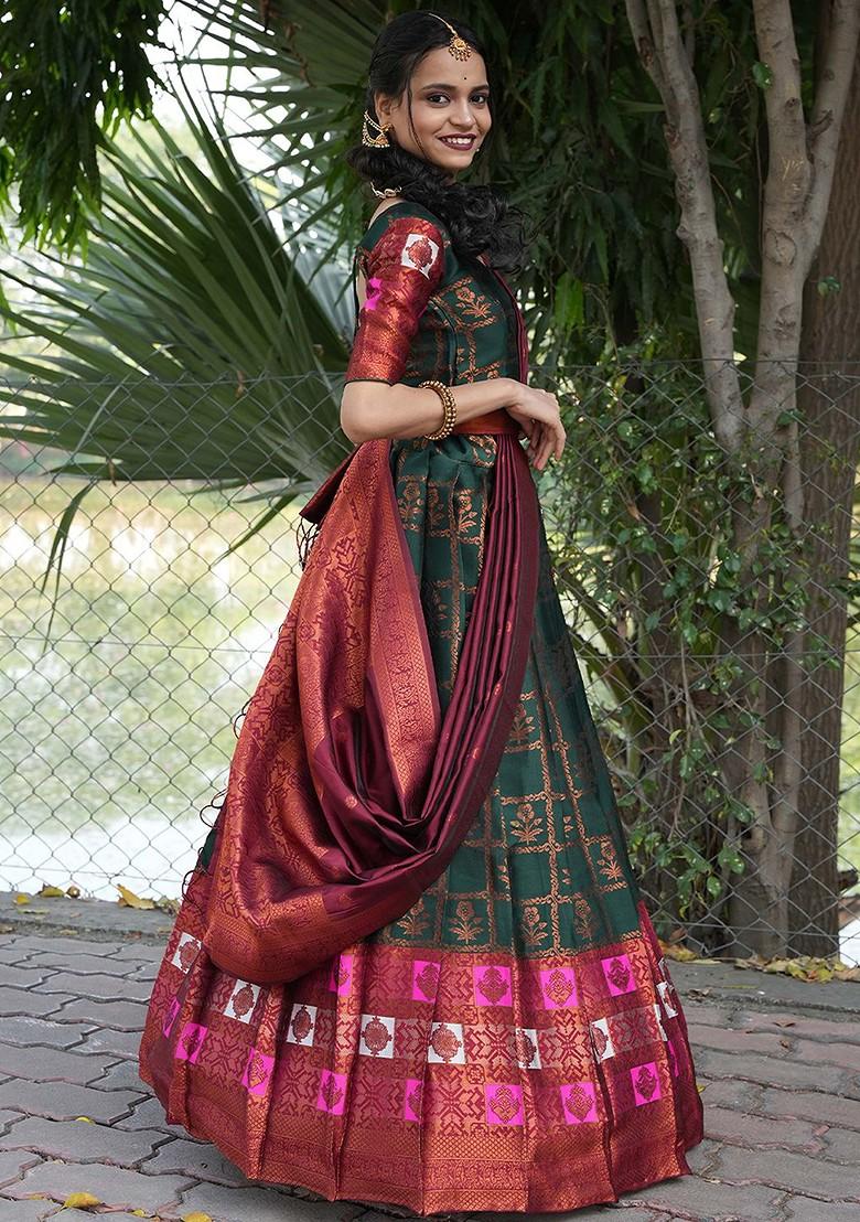 Green Woven Design Blended Lehenga Choli - Indya