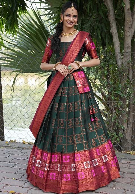 Green Woven Design Blended Lehenga Choli