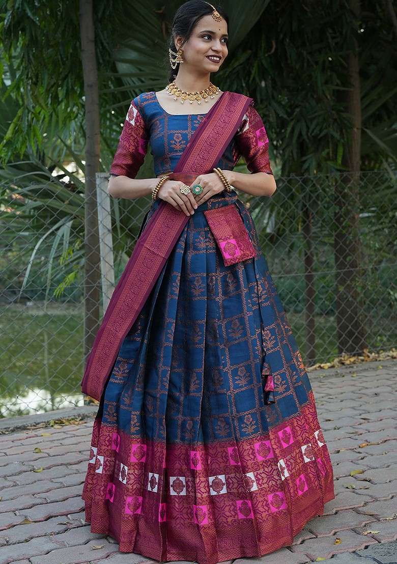 Navy Blue Woven Design Blended Lehenga Choli - Indya