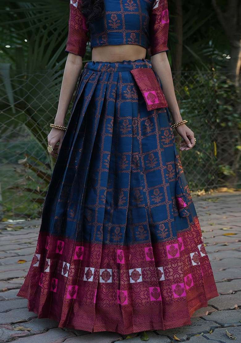 Navy Blue Woven Design Blended Lehenga Choli - Indya