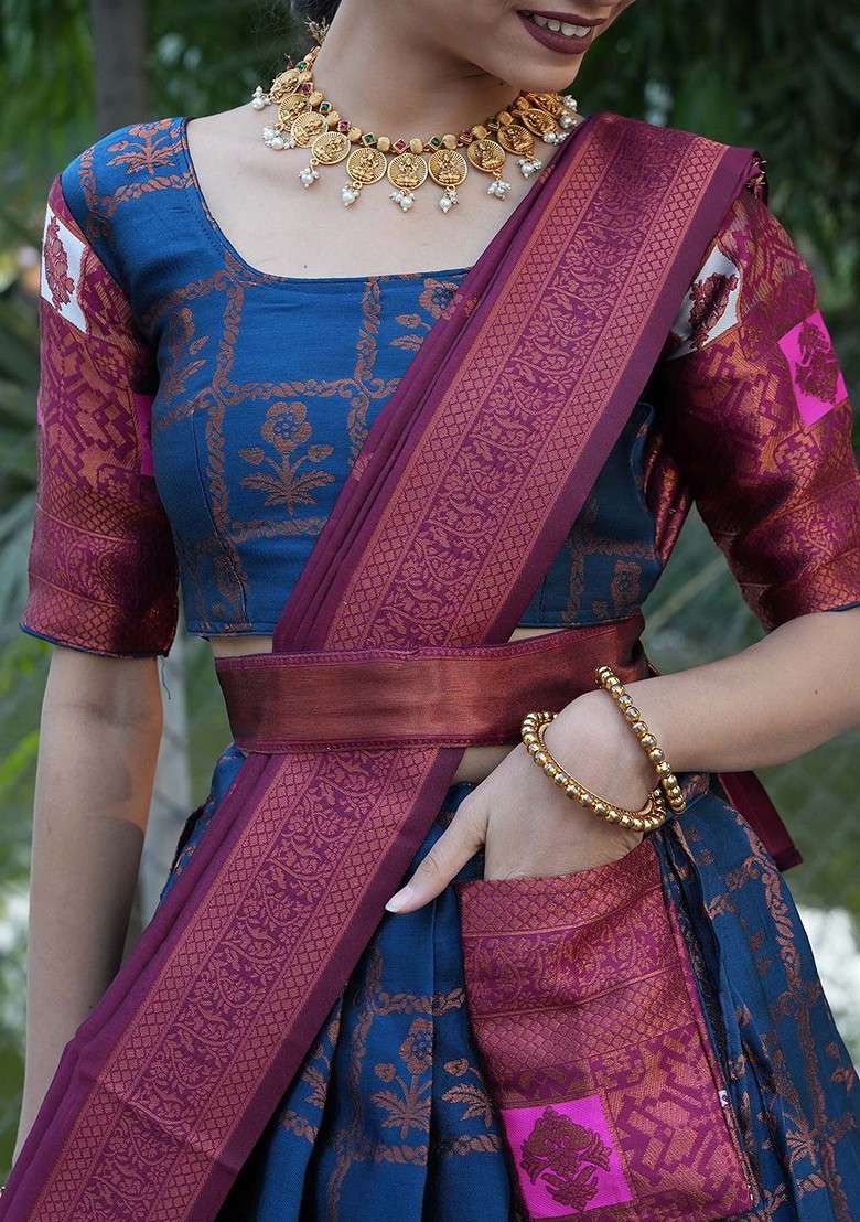 Navy Blue Woven Design Blended Lehenga Choli - Indya