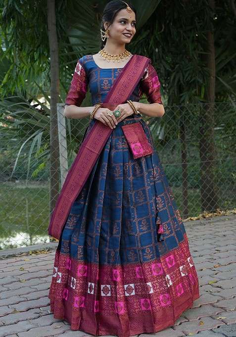 Navy Blue Woven Design Blended Lehenga Choli