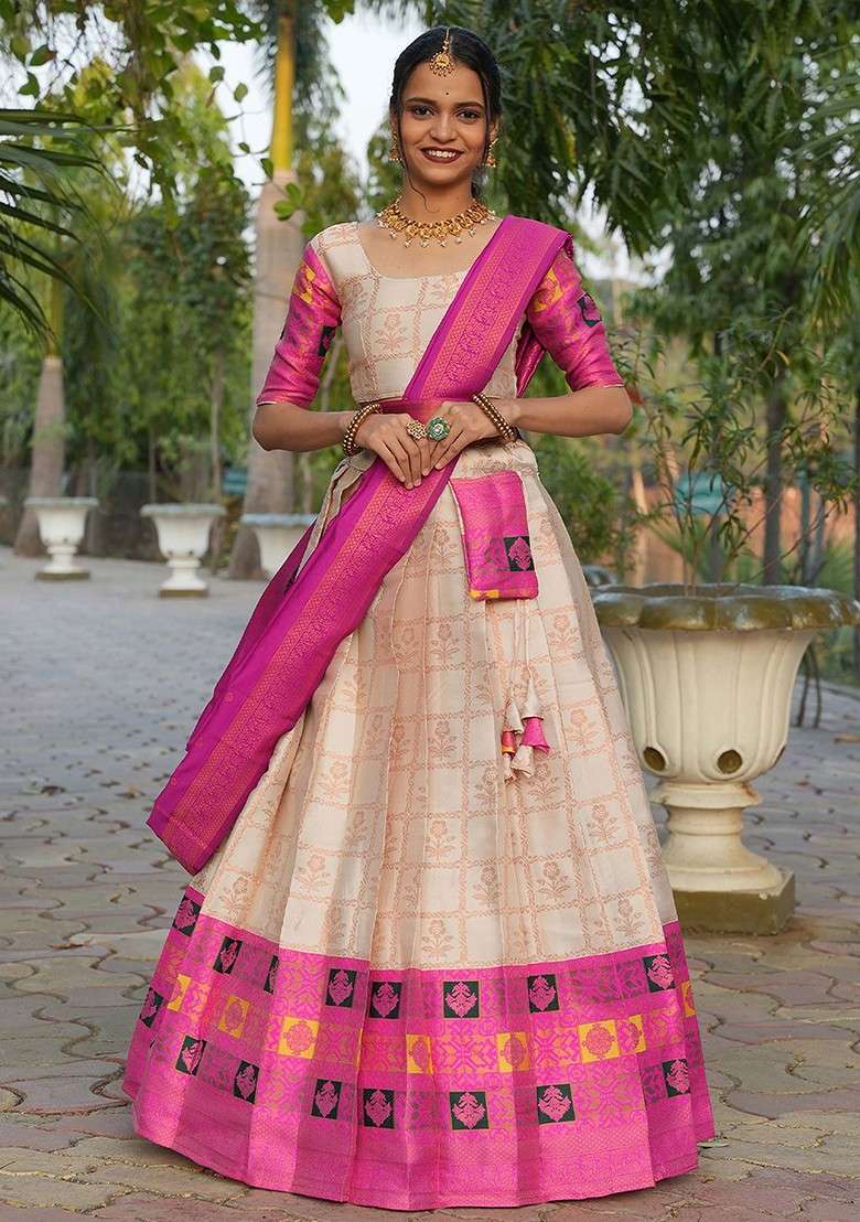 Cream Woven Design Blended Lehenga Choli - Indya