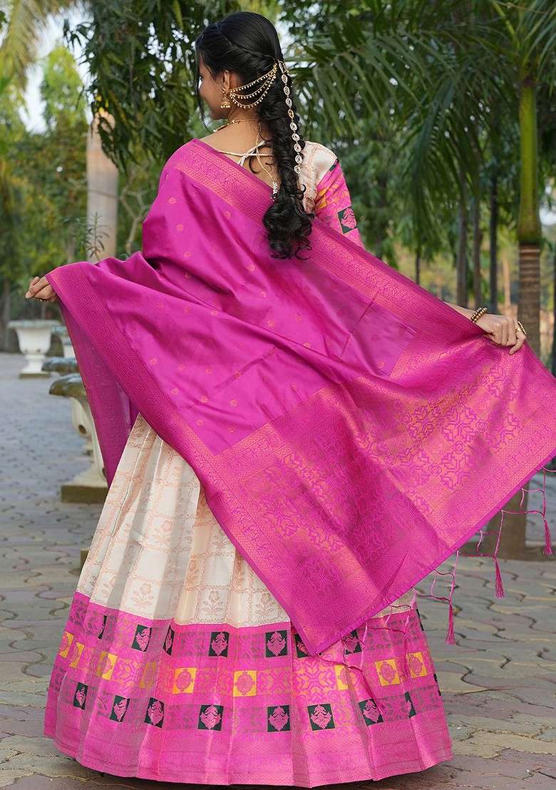 Cream Woven Design Blended Lehenga Choli - Indya