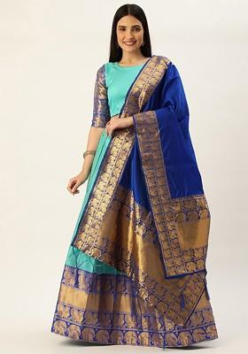 Turquoise Blue Zari Work Blended Lehenga Choli