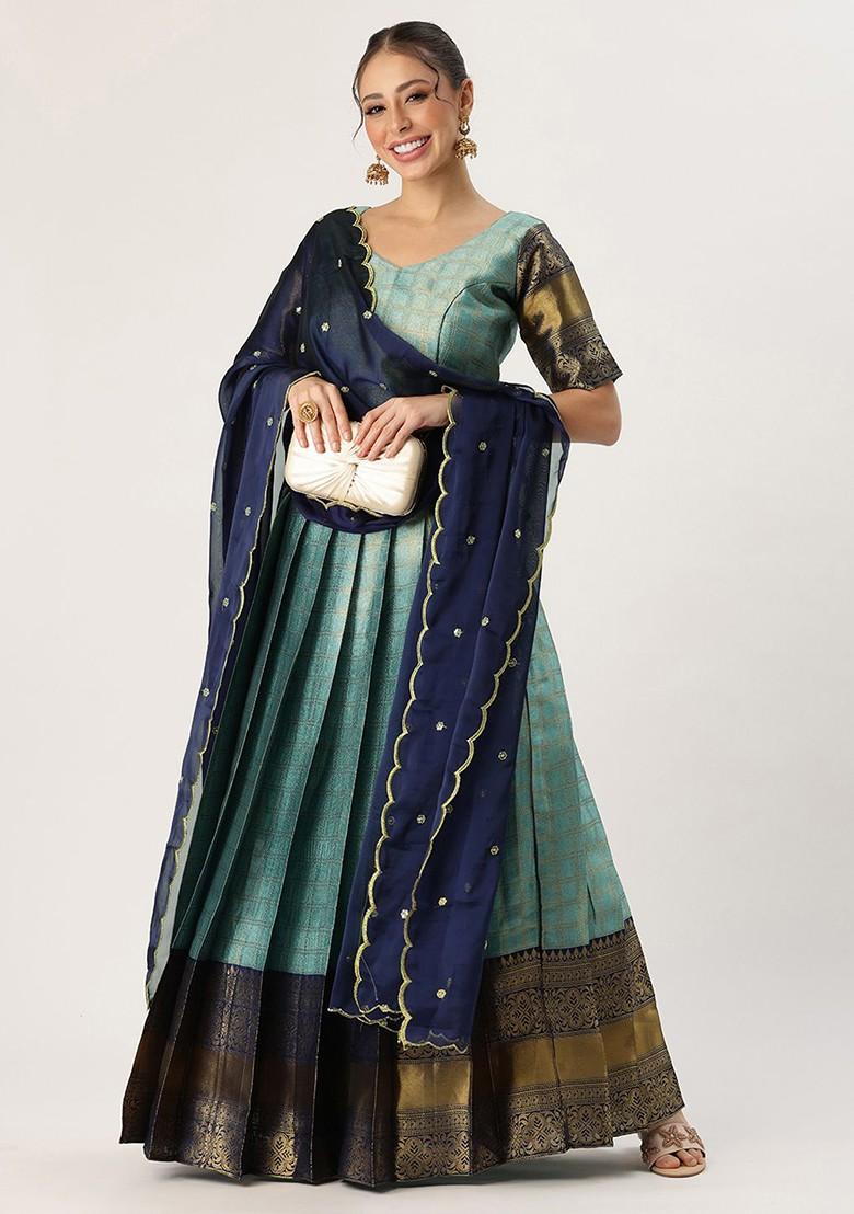 Turquoise Blue Emboridered Blended Lehenga Choli - Indya