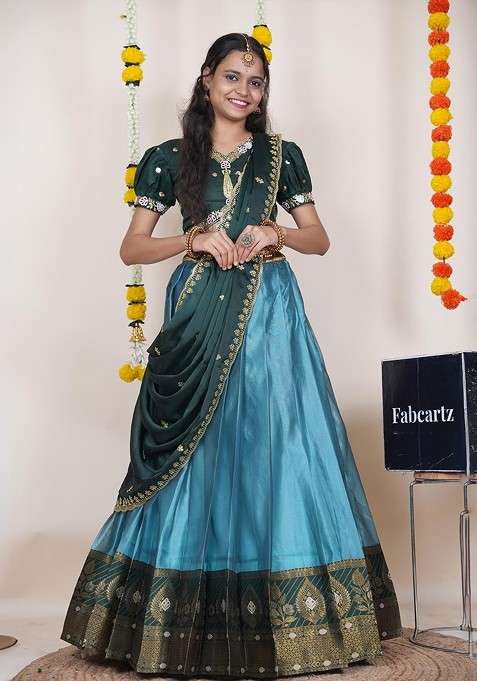 Blue Emboridered Blended Lehenga Choli