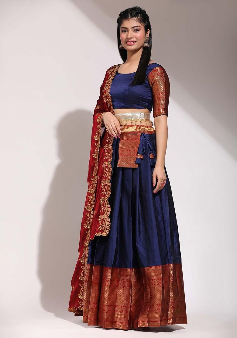 Navy Blue Emboridered Blended Lehenga Choli - Indya