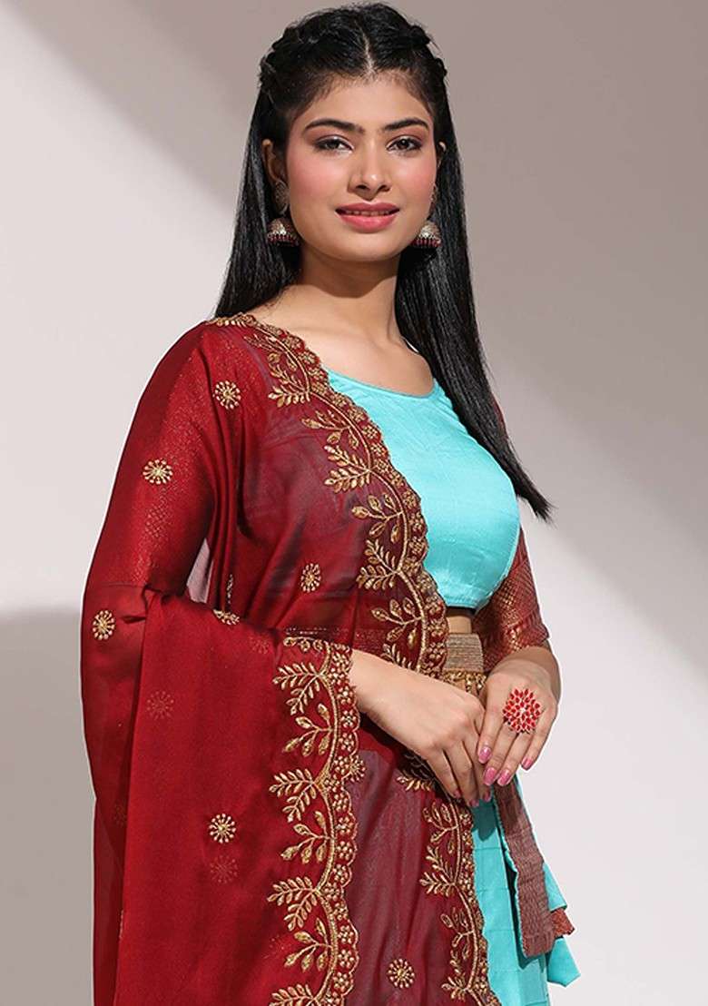 Sea Green Zari Work Blended Lehenga Choli - Indya