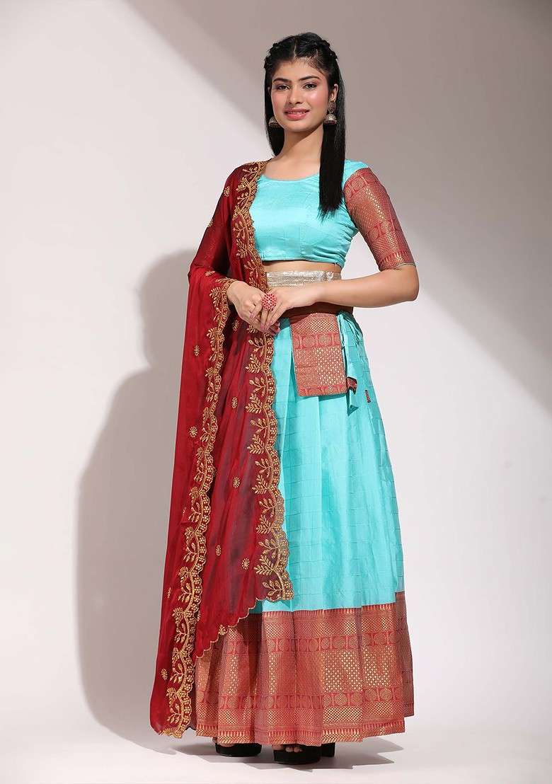 Sea Green Zari Work Blended Lehenga Choli - Indya