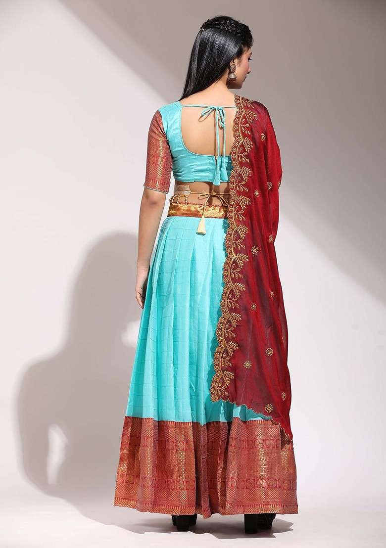 Sea Green Zari Work Blended Lehenga Choli - Indya