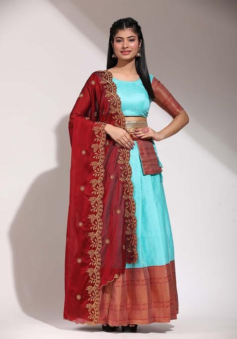 Sea Green Zari Work Blended Lehenga Choli — view on Indya