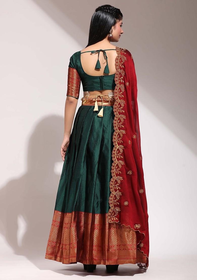 Green Zari Work Blended Lehenga Choli - Indya