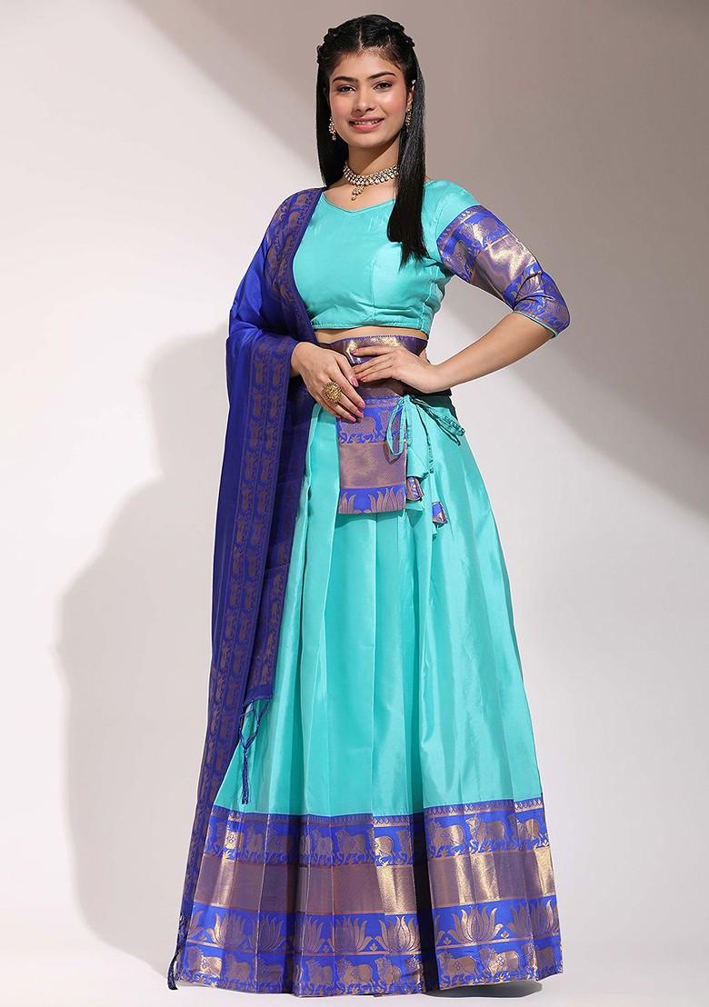 Blue Zari Work Blended Lehenga Choli - Indya