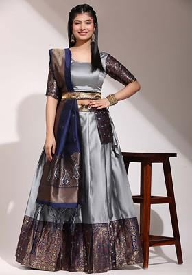 Grey Emboridered Blended Lehenga Choli