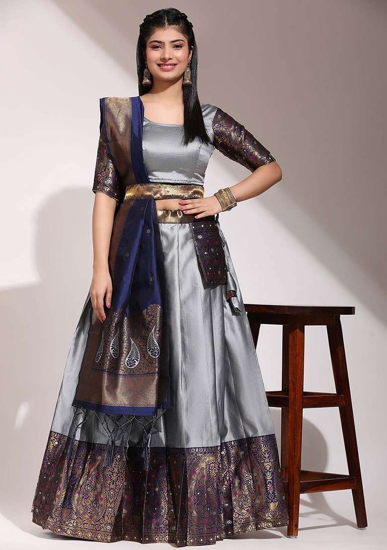 Grey Emboridered Blended Lehenga Choli - Indya