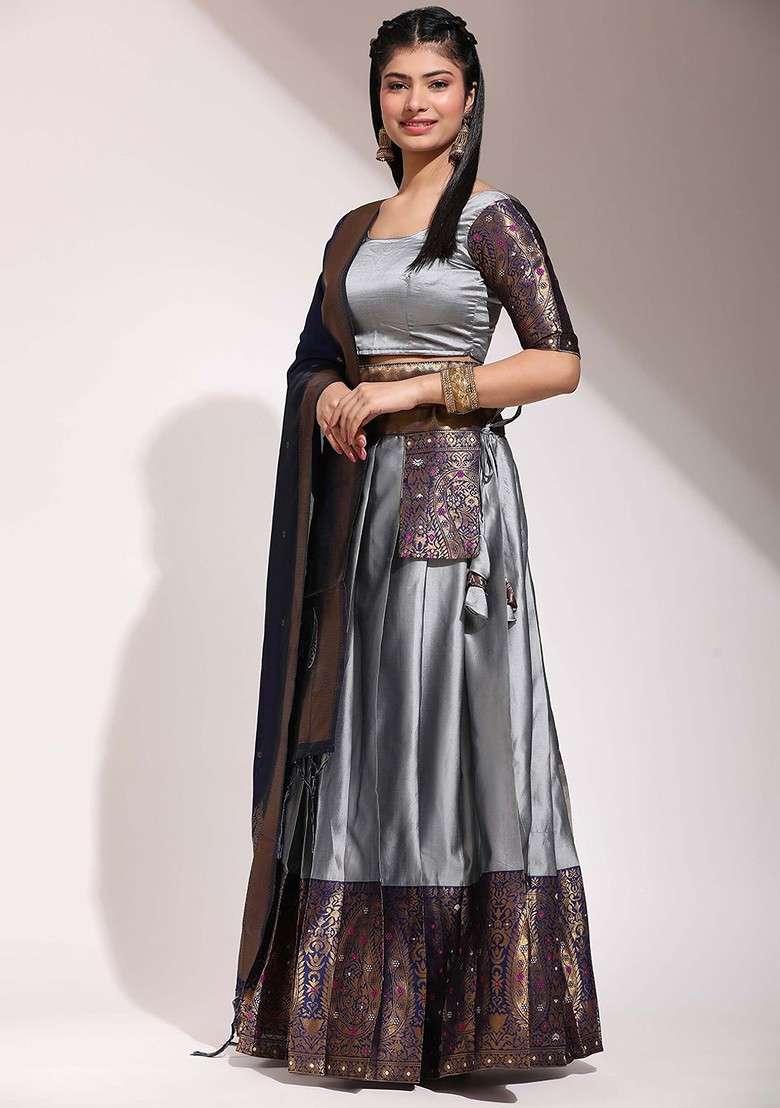 Grey Emboridered Blended Lehenga Choli - Indya
