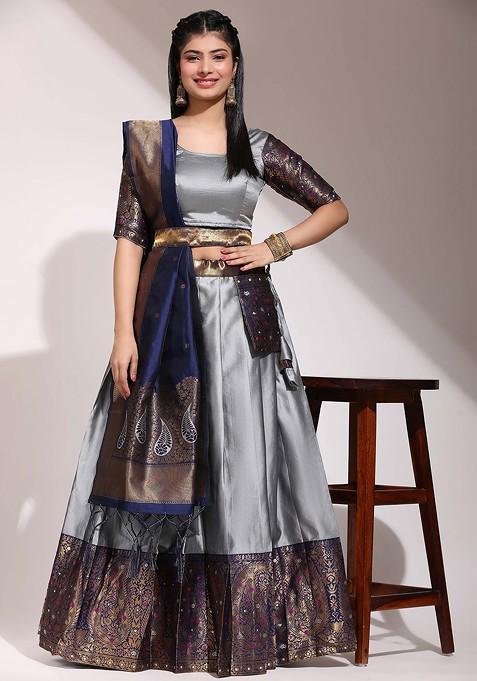 Grey Emboridered Blended Lehenga Choli — view on Indya