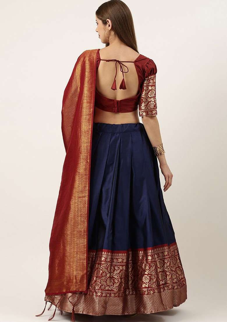 Navy Blue Zari Work Blended Lehenga Choli - Indya