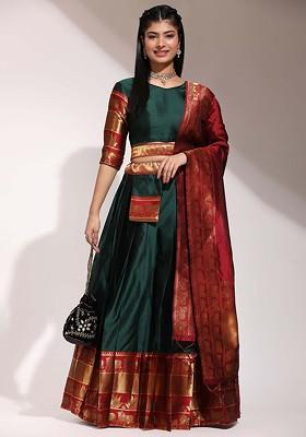 Green Woven Design Blended Lehenga Choli