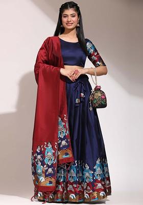 Navy Blue Printed Blended Lehenga Choli
