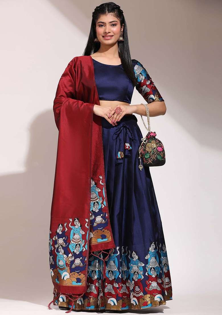 Navy Blue Printed Blended Lehenga Choli - Indya