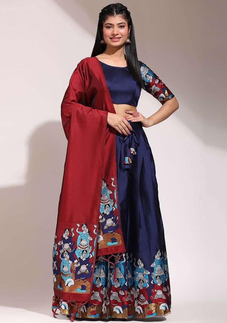 Navy Blue Printed Blended Lehenga Choli - Indya