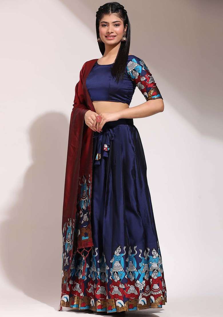 Navy Blue Printed Blended Lehenga Choli - Indya
