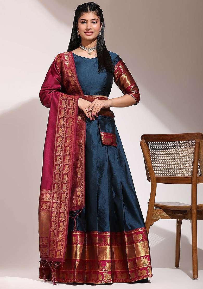 Blue Zari Work Blended Lehenga Choli - Indya
