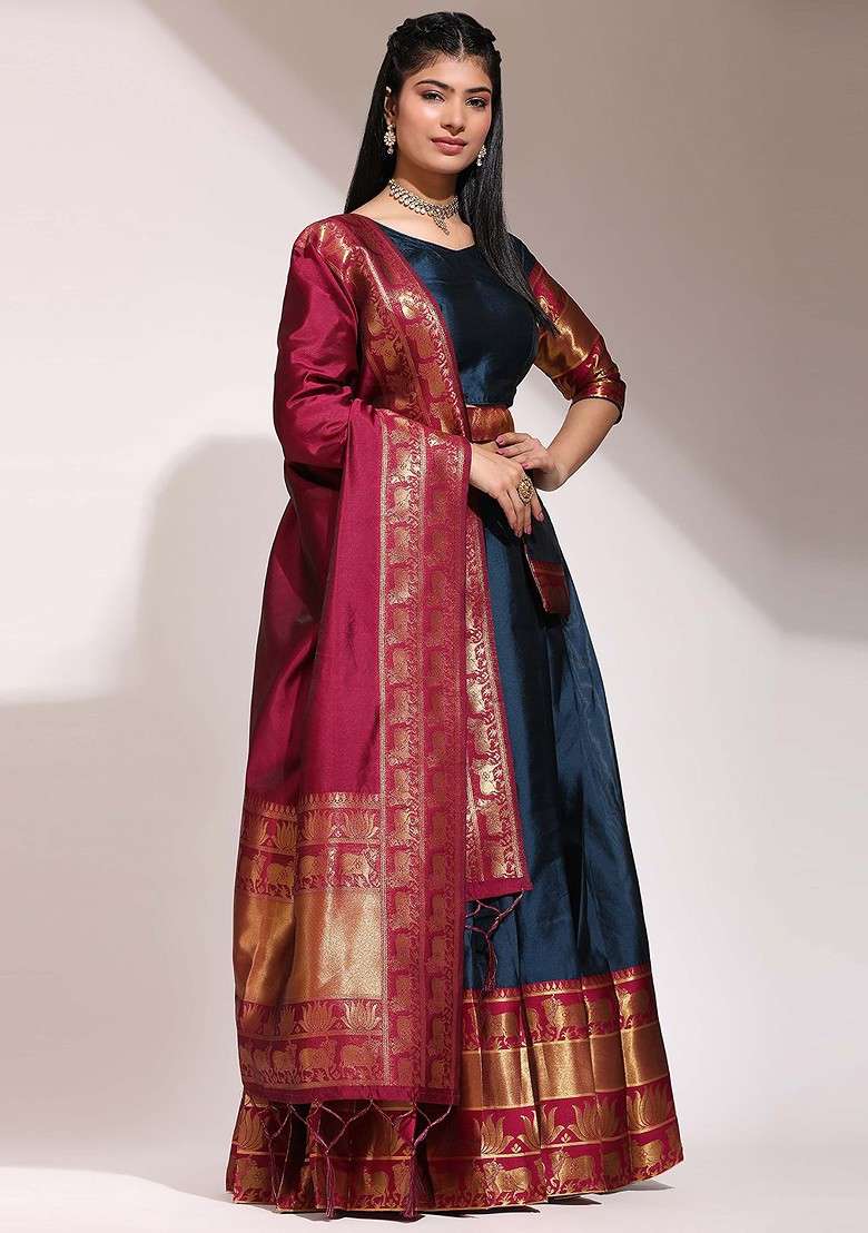 Blue Zari Work Blended Lehenga Choli - Indya