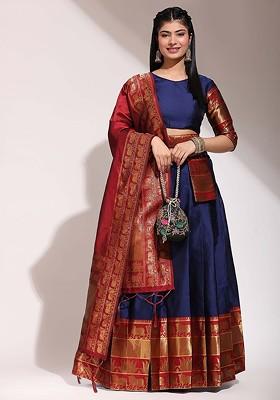 Navy Blue Woven Design Blended Lehenga Choli