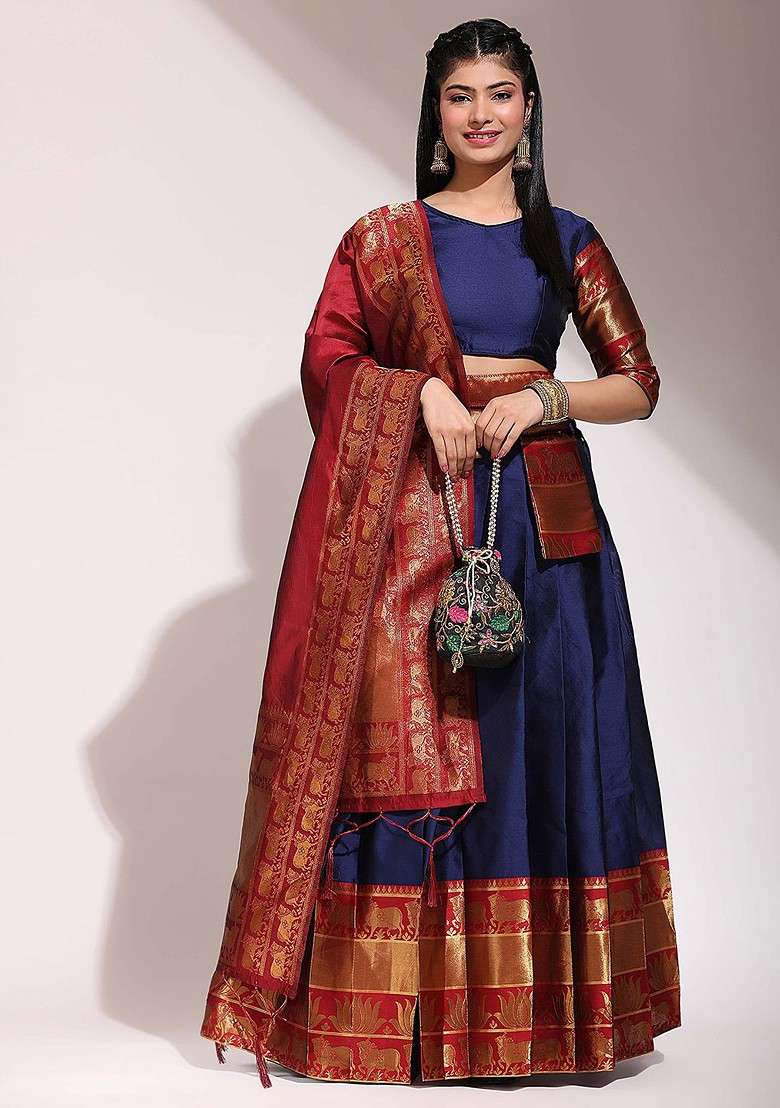 Navy Blue Woven Design Blended Lehenga Choli - Indya