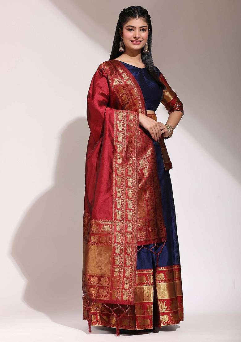 Navy Blue Woven Design Blended Lehenga Choli - Indya