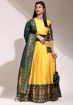 Yellow Woven Design Blended Lehenga Choli